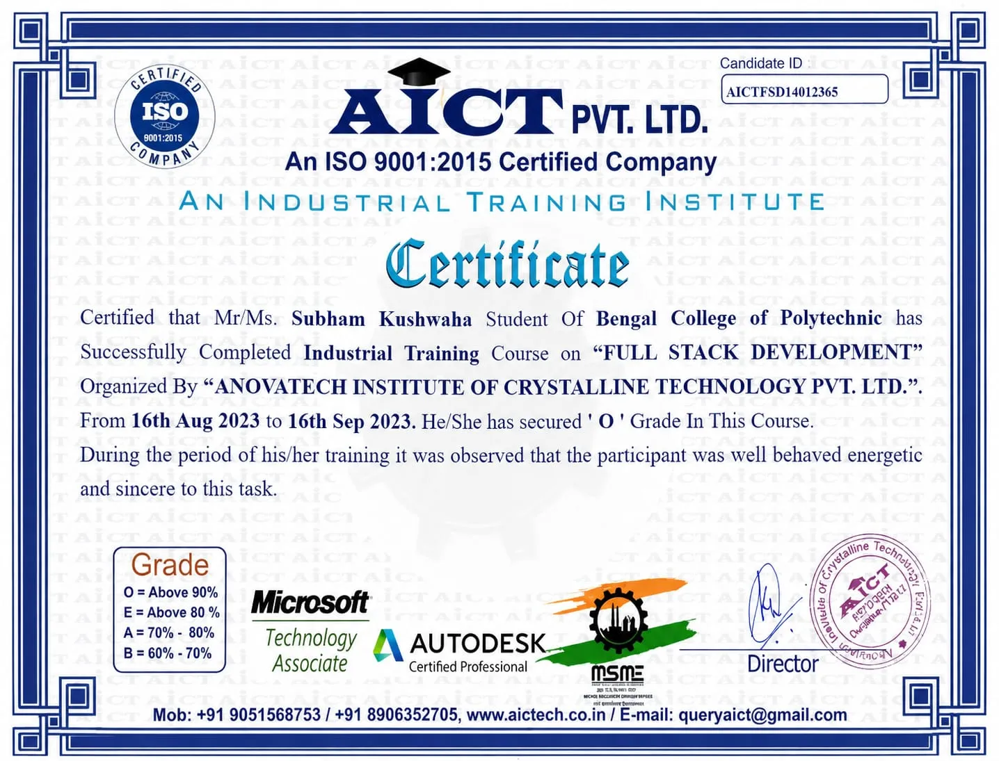Certificate of Full Stack Development Industrial Training (2023) at AICT
