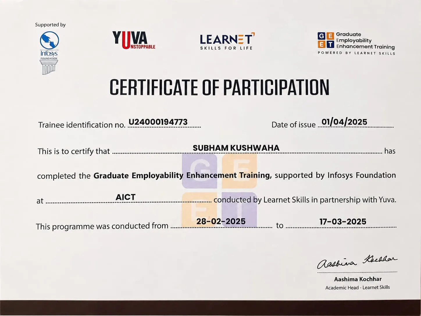 Certificate of Graduate Employability Enhancement Training (2025) conducted by Learnet Skills and supported by Infosys Foundation