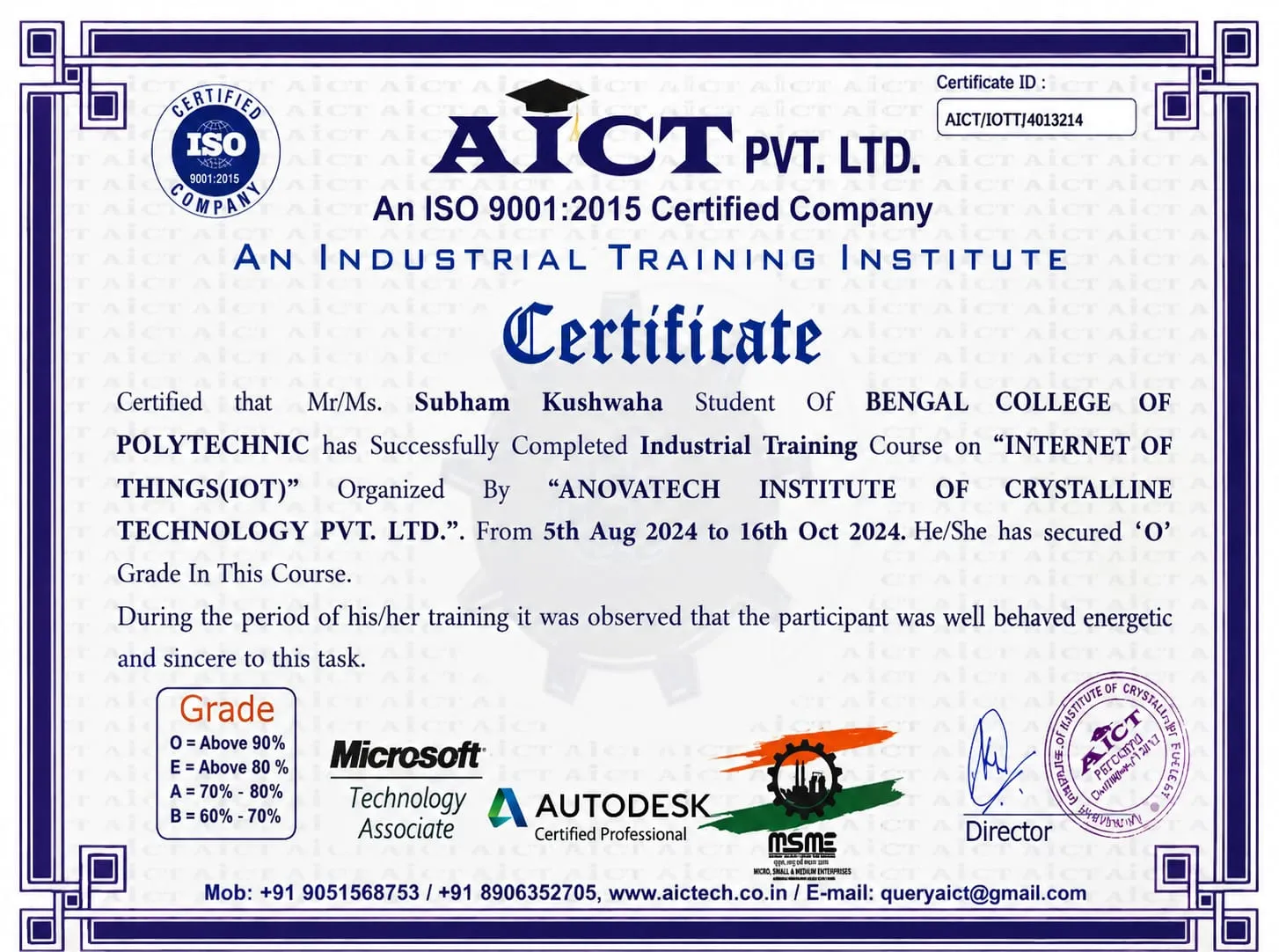 Certificate of Industrial Training in Internet of Things (IoT) (2024) at AICT