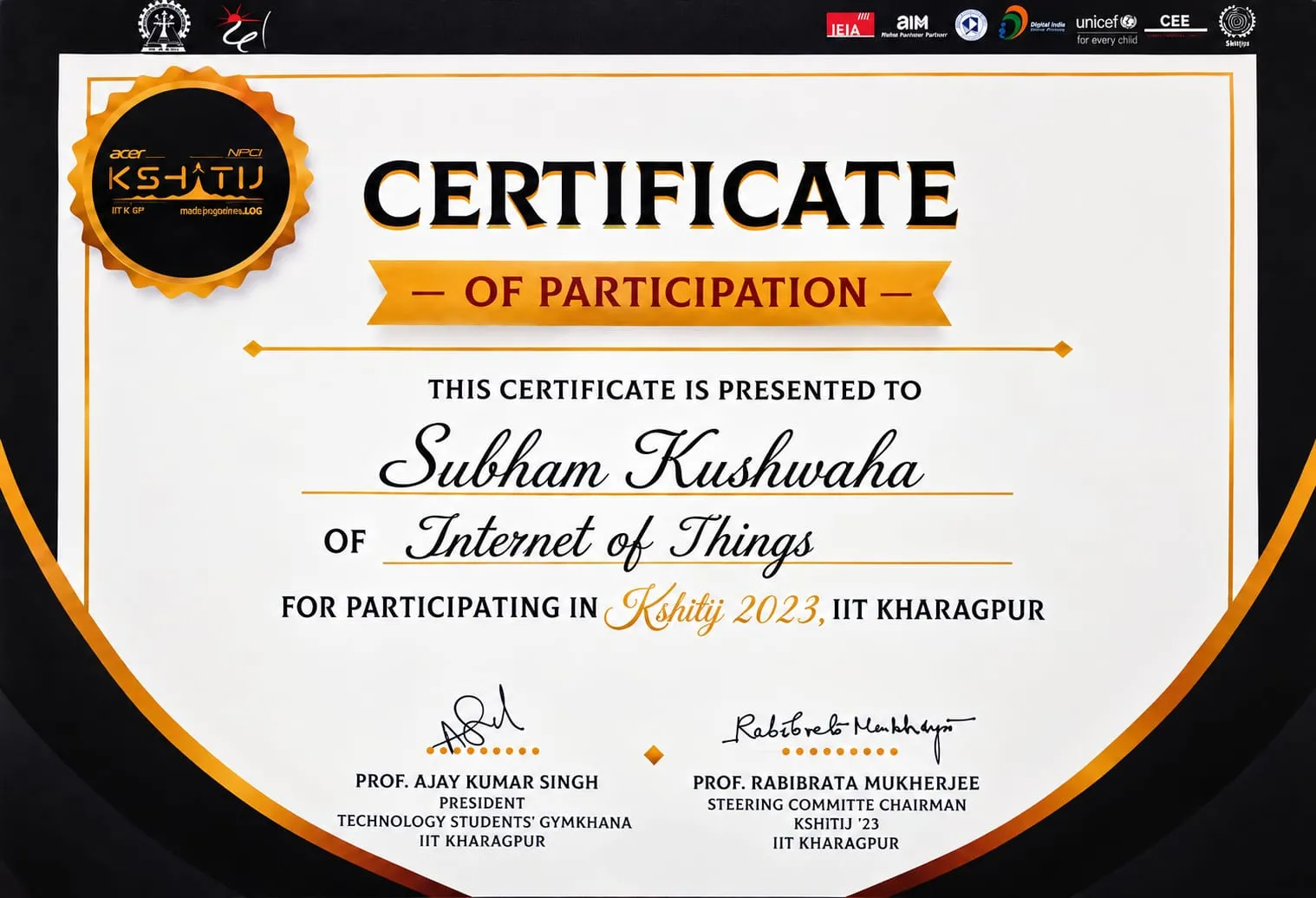Certificate of Participation in Internet of Things (IoT) at Kshitij 2023, IIT Kharagpur