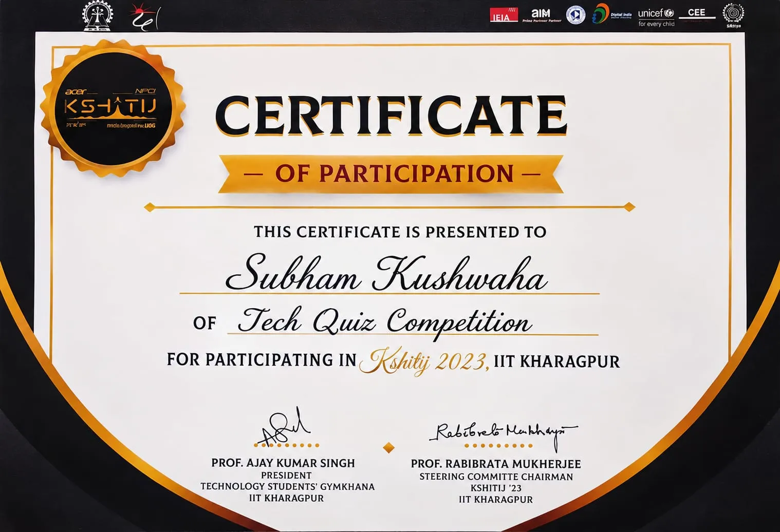 Certificate of Participation in Tech Quiz Competition at Kshitij 2023, IIT Kharagpur